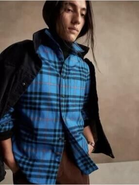 BANANA REPUBLIC MENS ORGANIC COTTON FLANNEL SHIRT IN BLUE-SIZE SMALL